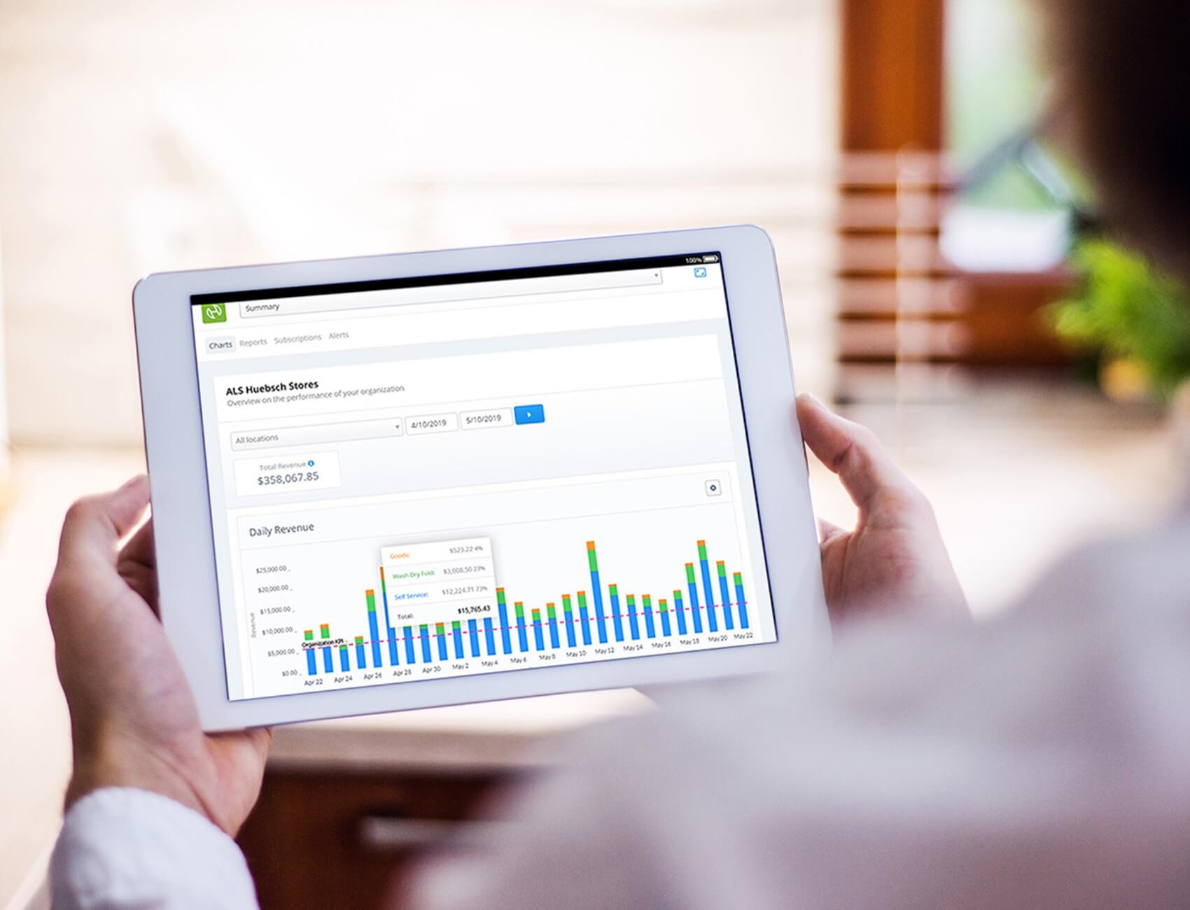 heubsch-inline Huebsch laundromat dashboard displayed on iPad