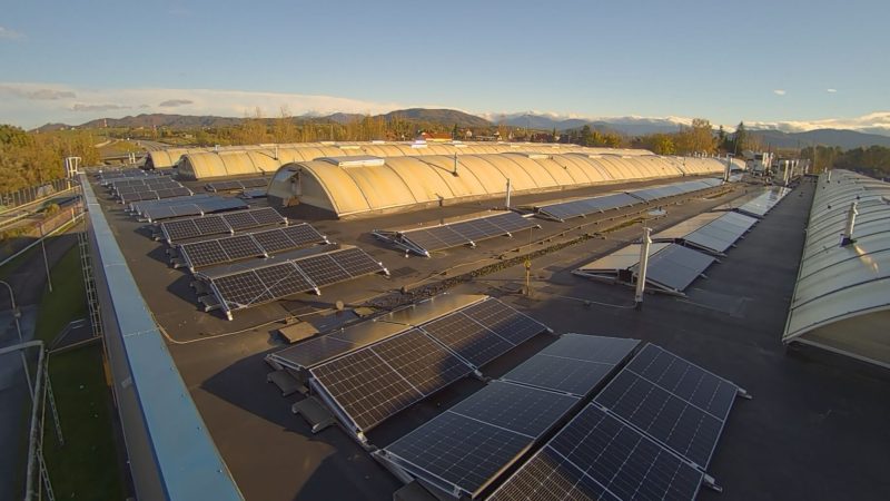 Aerial view of solar panels on top of Alliance building