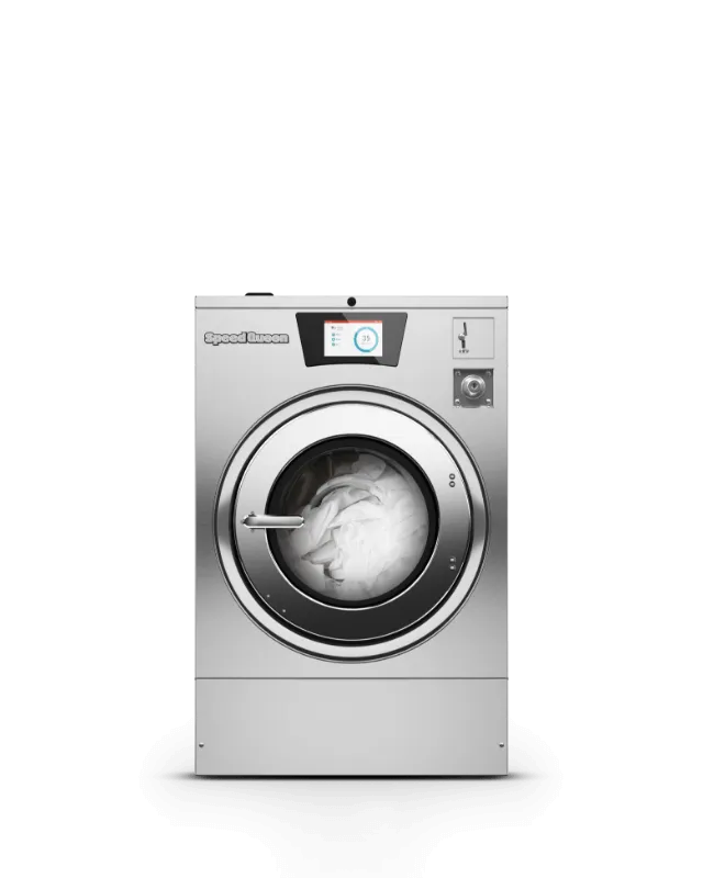 speed queen commercial washer with clothes in it